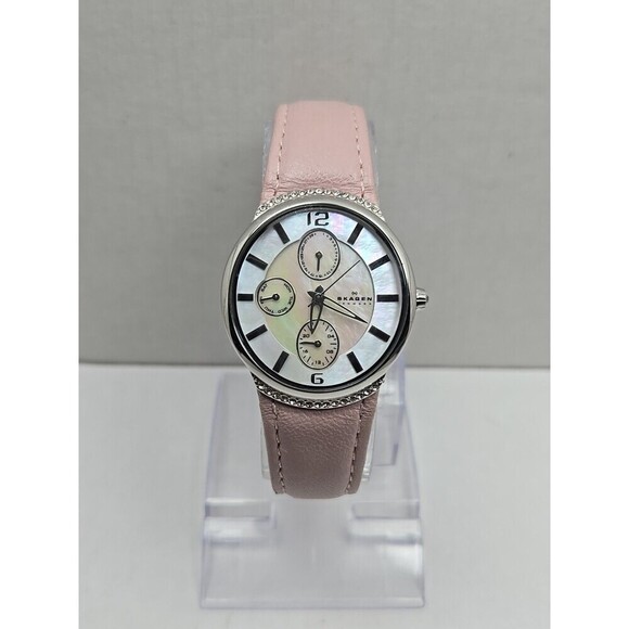 Skagen 586SSLP Womens Day Date Watch MOP Crystal Bezel Pink Leather New Battery main image 4